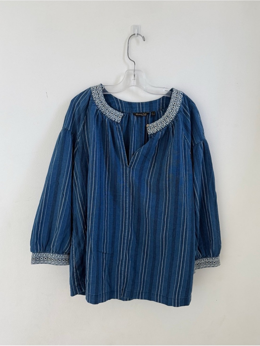 Massimo Dutti Blue Striped Embroidered Peasant Top
